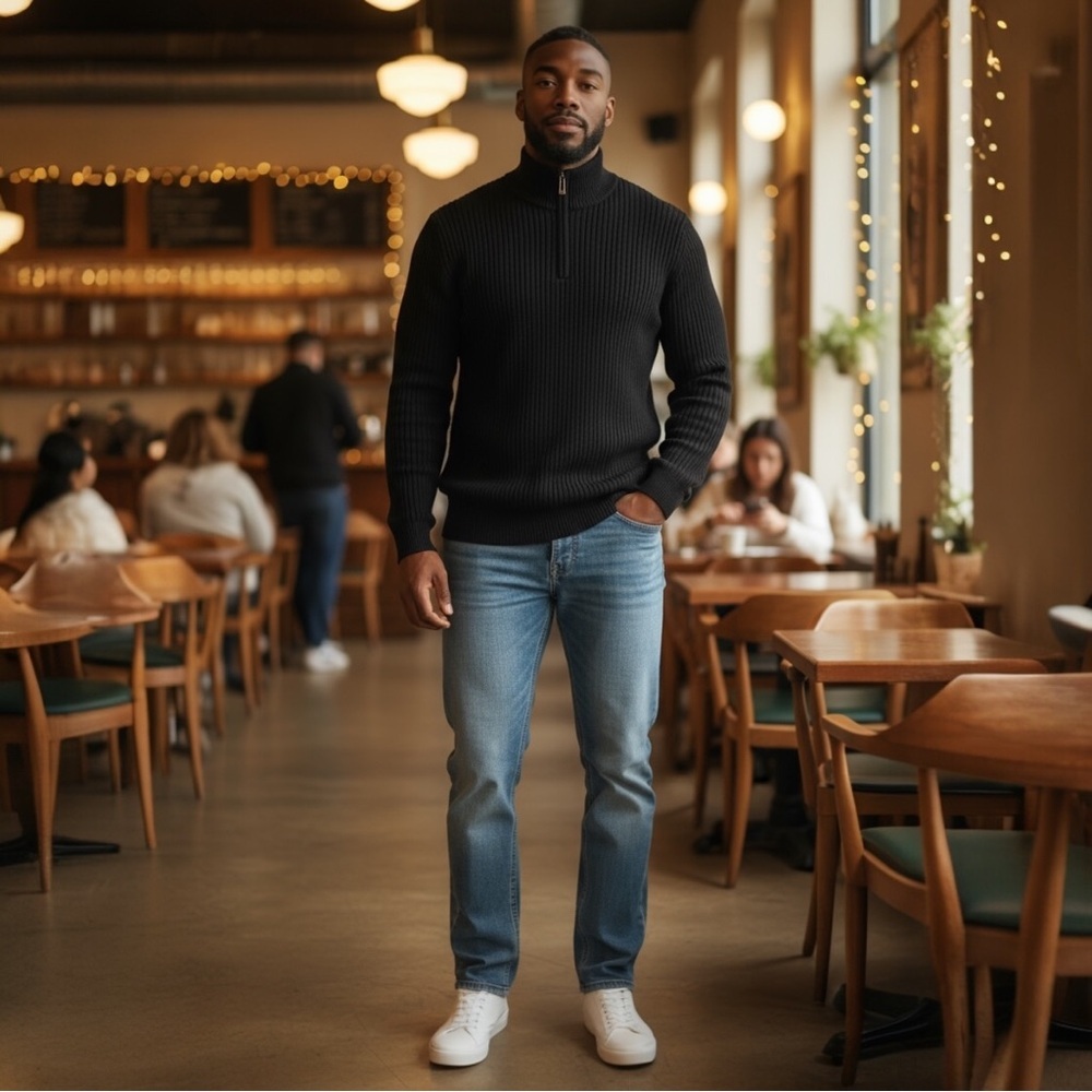 TRUE ROCK Men's Black Turtleneck Sweater